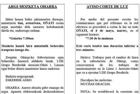 Argi mozketa laburra egingo du bihar goizean, 7:30etan, Oñargik