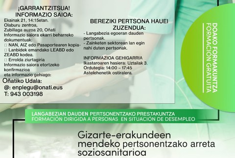 Arreta sozio-sanitario arloko prestakuntza ikastaro berria antolatu du Udalak langabeentzat