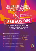 Eraso sexisten arretarako telefonoa aktibatuko da San Miel Txiki eta Errekaldeko jaietan