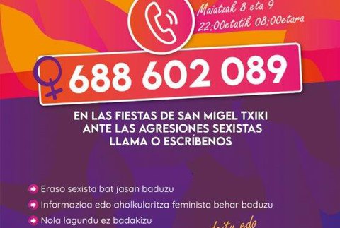 Eraso sexisten arretarako telefonoa aktibatuko da San Miel Txiki eta Errekaldeko jaietan