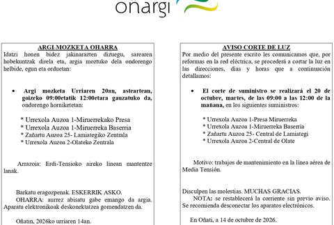 Hiru orduko argi mozketa egingo du Oñargik astearte goizean