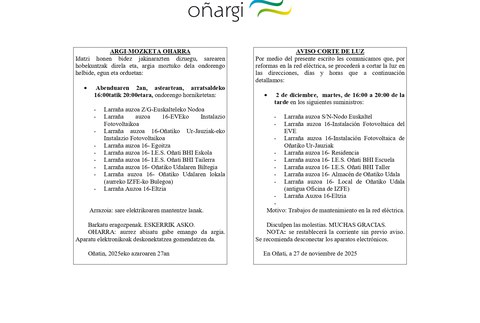 Lau orduko argi mozketa egingo du Oñargik astearte arratsaldean