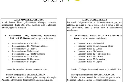 Lezesarri auzoari eragingo dion ordu eta erdiko argi mozketa programatu du Oñargik astearterako