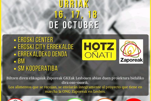 Zaporeak elkartearentzat janari bilketa egingo du Hotz Oñatik urriaren 16tik 18ra